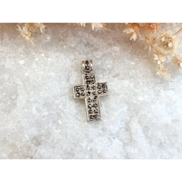 Cross Shaped Marcasite Accented Geometric Sterling Silver 925 Vintage Pendant - Picture 2 of 9